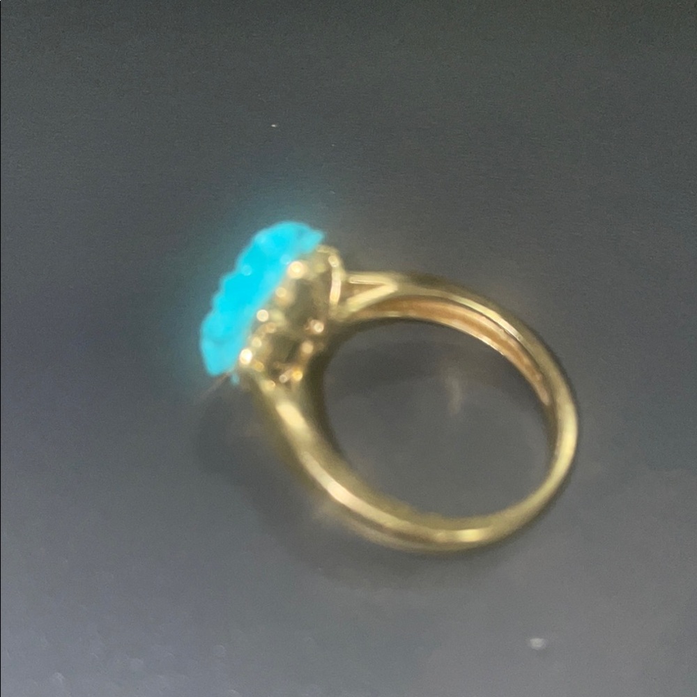 Gold  10 K Sleeping BeautyTurquoise Flower Ring w/Yellow Diamond Accents Size 7 - Picture 7 of 10